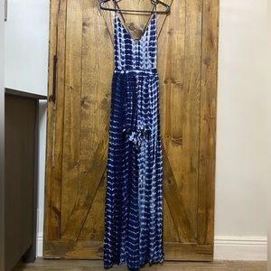 Blue and white shorts romper with maxi skirt